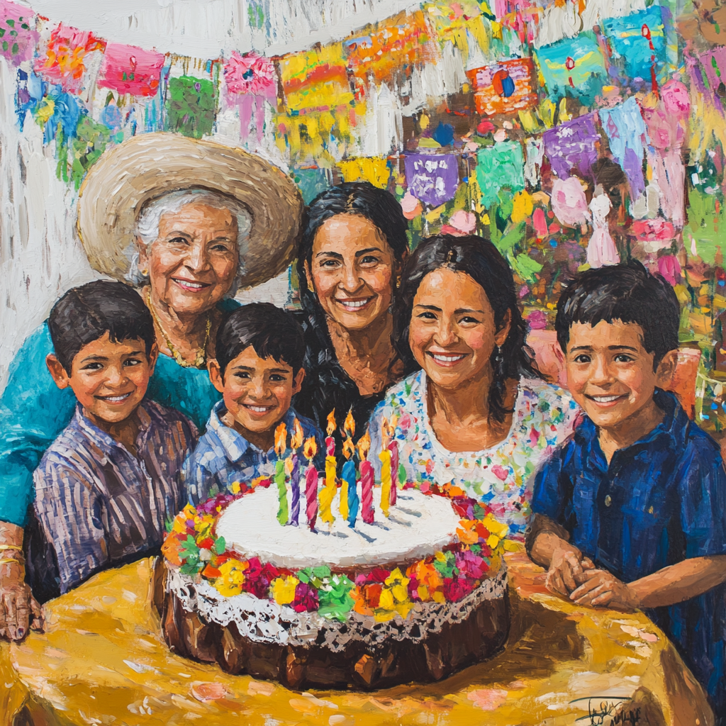 Mexican family celebrates birthday party with festive decor.