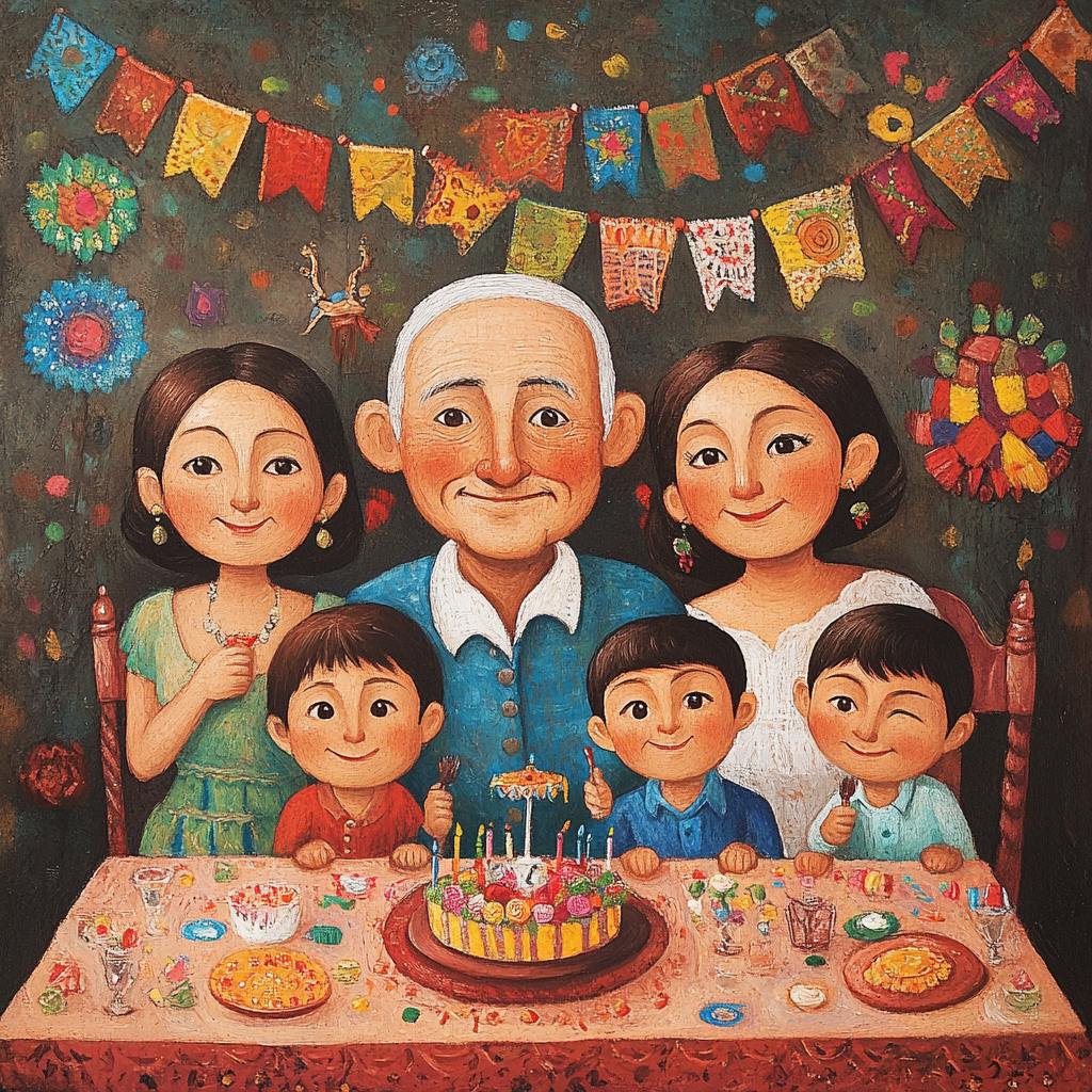 Mexican family celebrating birthday with festive decorations.