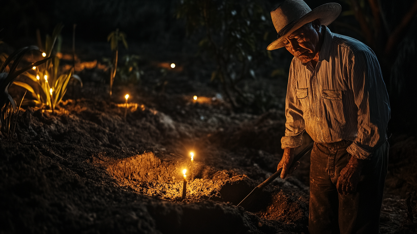 Mexican gravedigger gazes at open grave, candles glow.