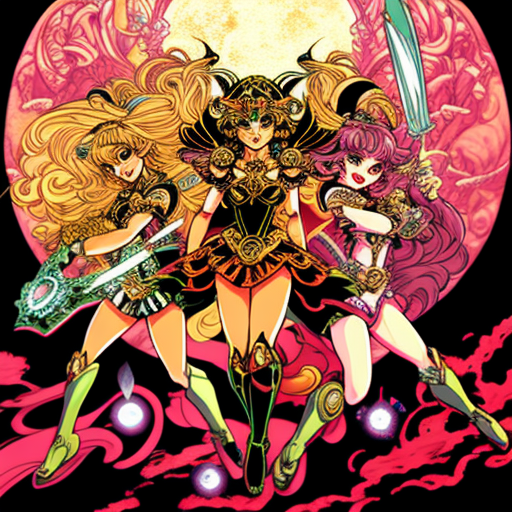 Mexican heroines in CLAMP style armor on cliff.