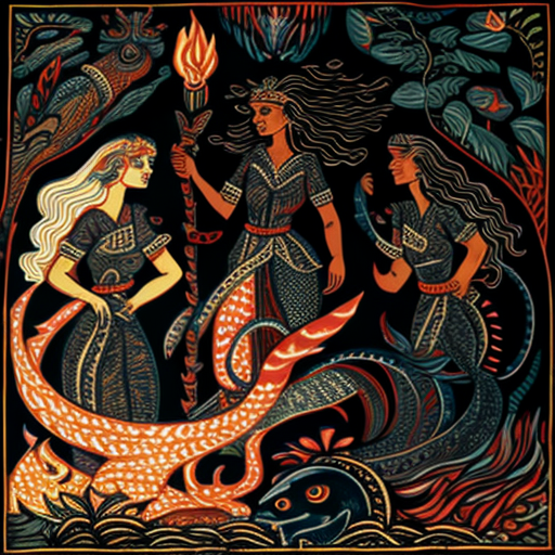 Mexican heroines in magical armor fighting serpent at night.