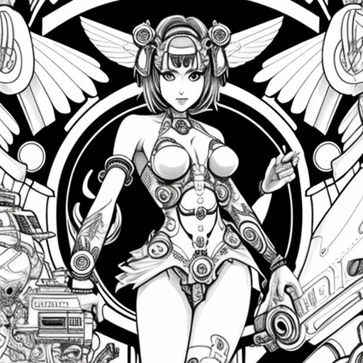 Mexican magical girl with robots on assembly line coloring.