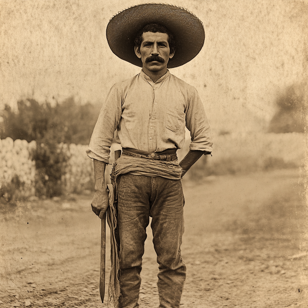 Mexican man in traditional outfit holding machete, rustic setting.