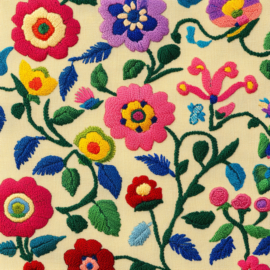 Mexican-style flowers on pale yellow cotton fabric embroidery.