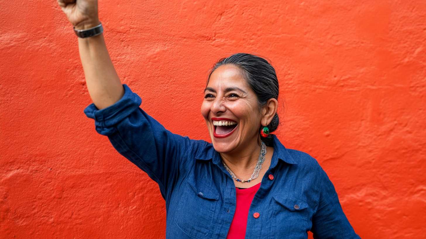 Mexican woman celebrating small win, high-five, red and blue.