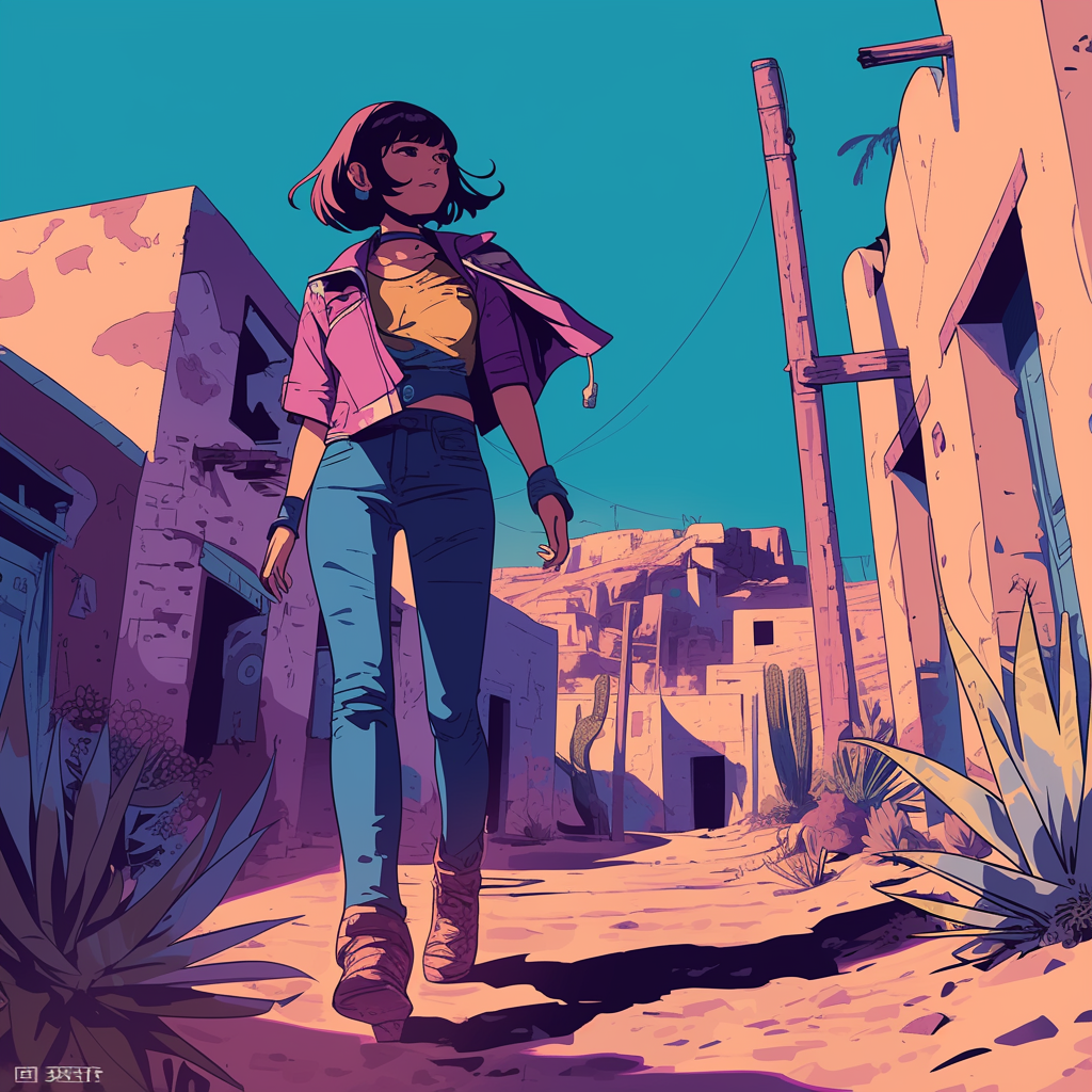 Mexican woman in bob haircut walks to desert, colorful.