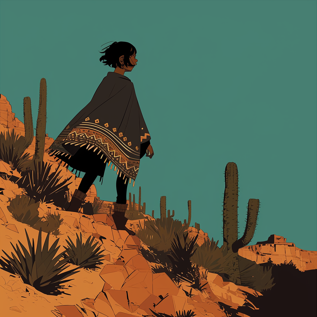 Mexican woman in poncho hiking in desert.