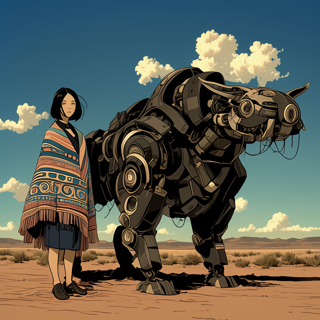 Mexican woman in poncho with robot in desert.