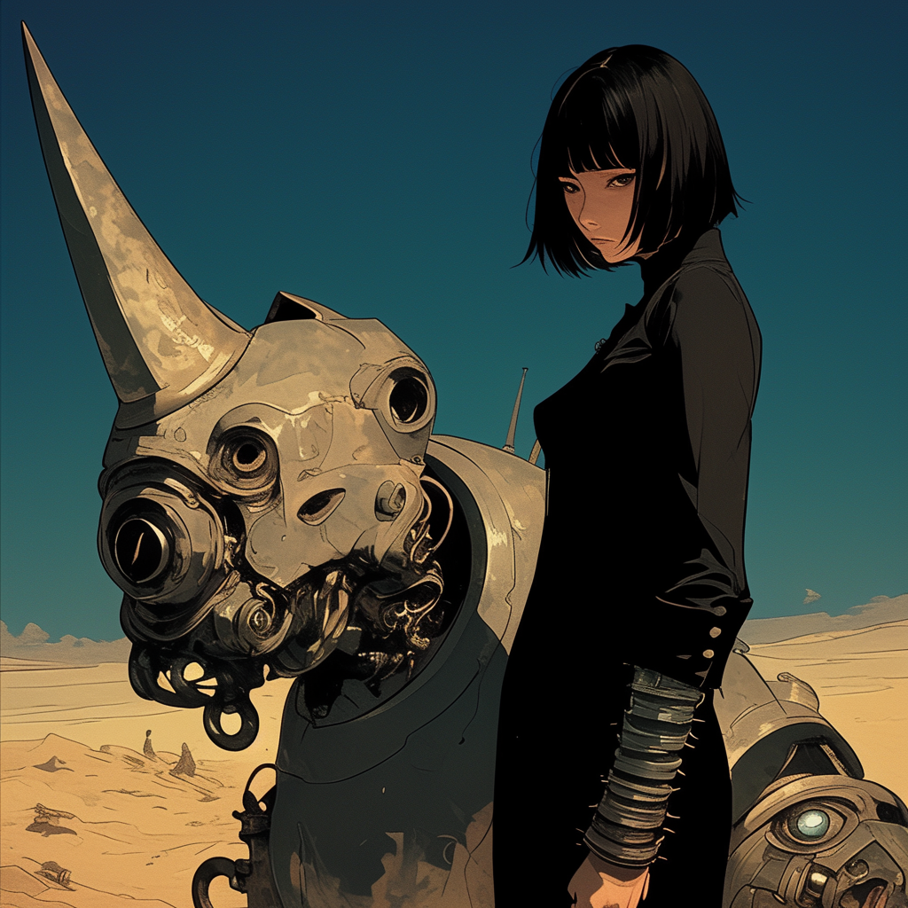 Mexican woman with bob haircut and rhinoceros robot.