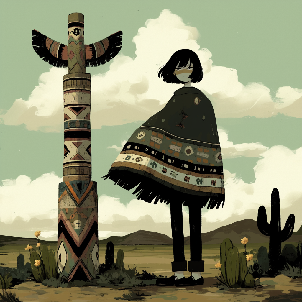 Mexican woman with bob haircut in front of totem pole