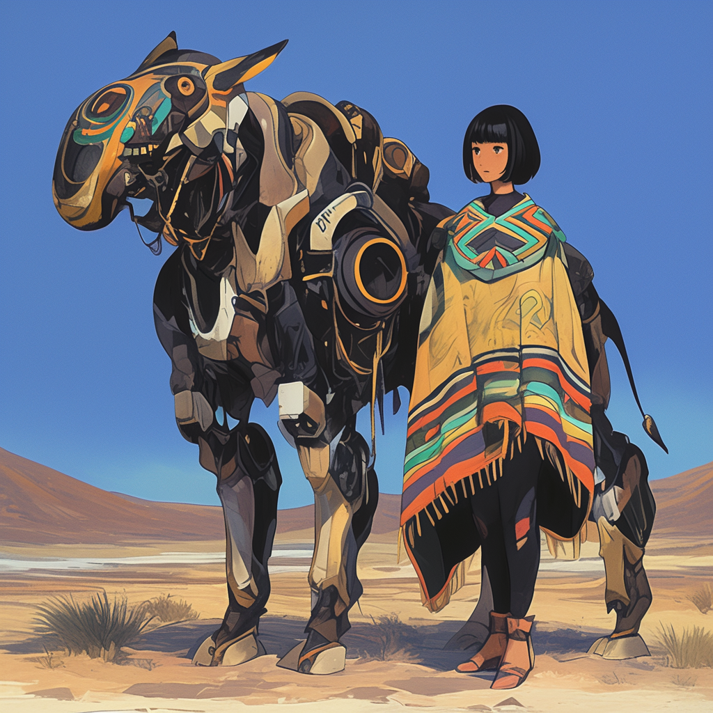 Mexican woman with bob next to rhinoceros robot.