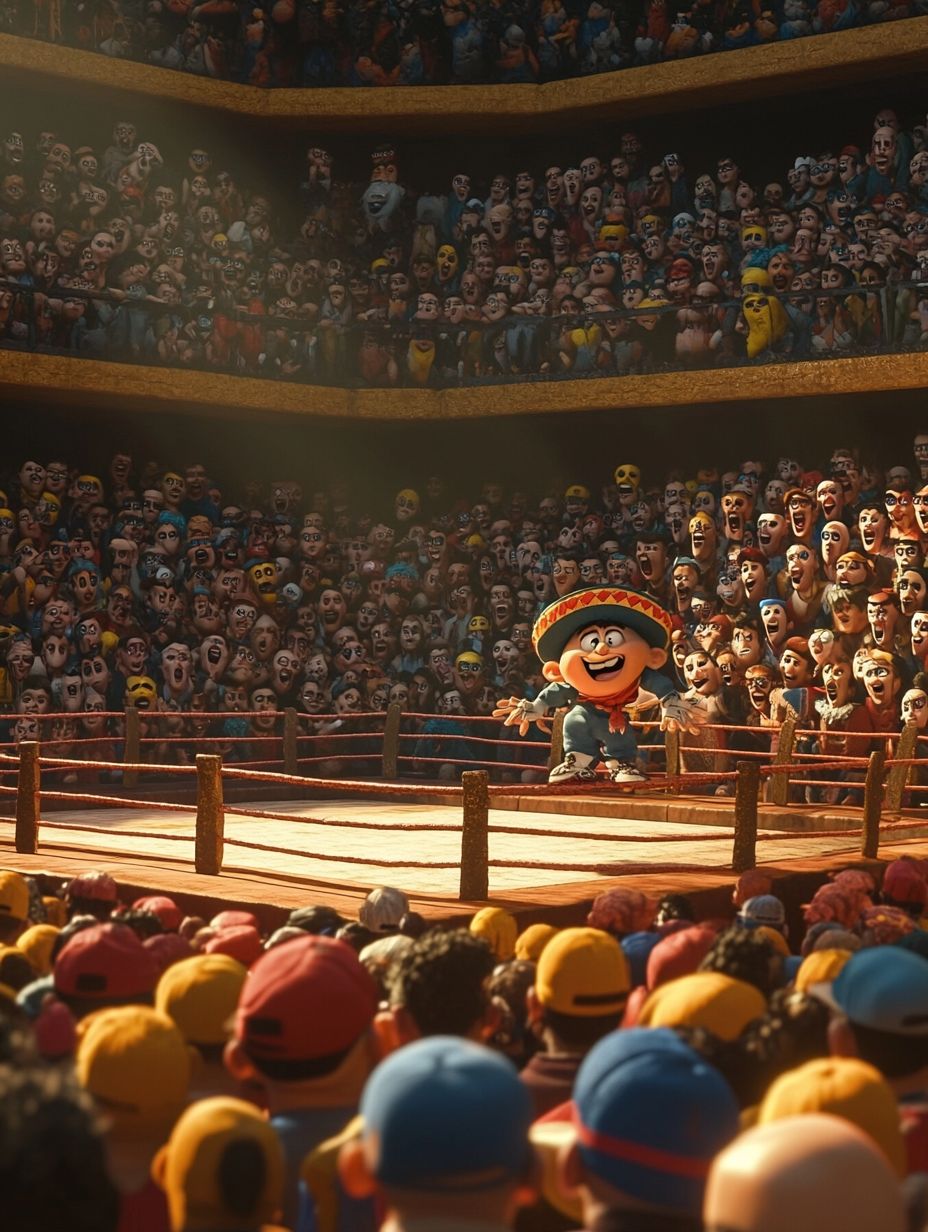 Mexican wrestling arena with masked audience in Despicable Me style.