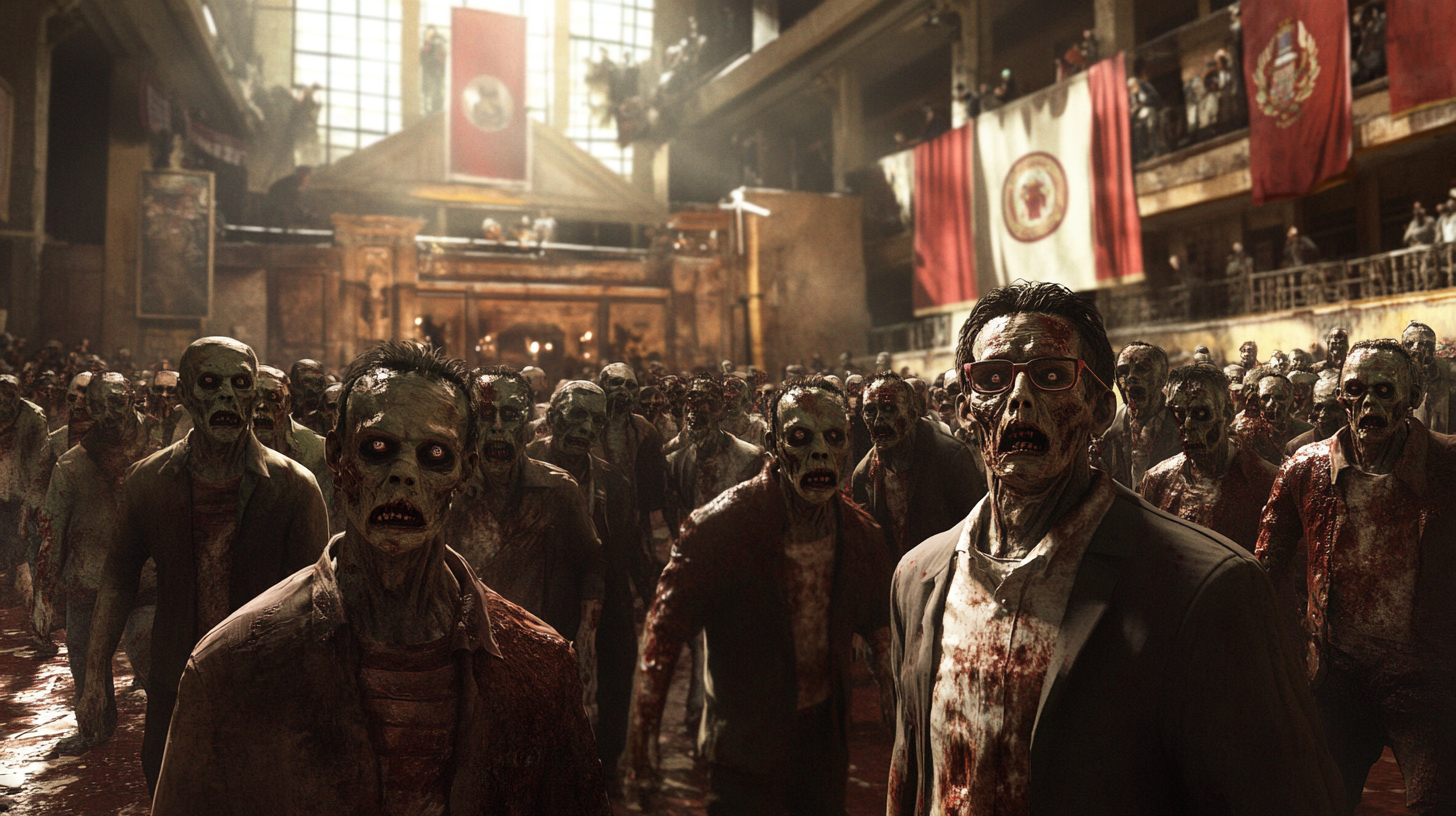 Mexican zombie politicians in academic robes voting together.