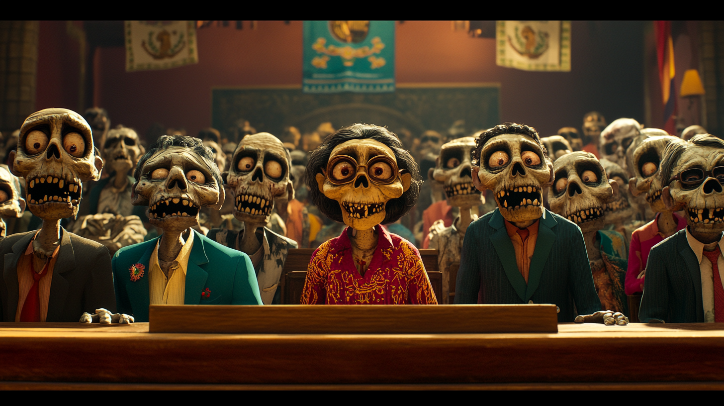 Mexican zombie politicians in vibrant clothing voting unanimously