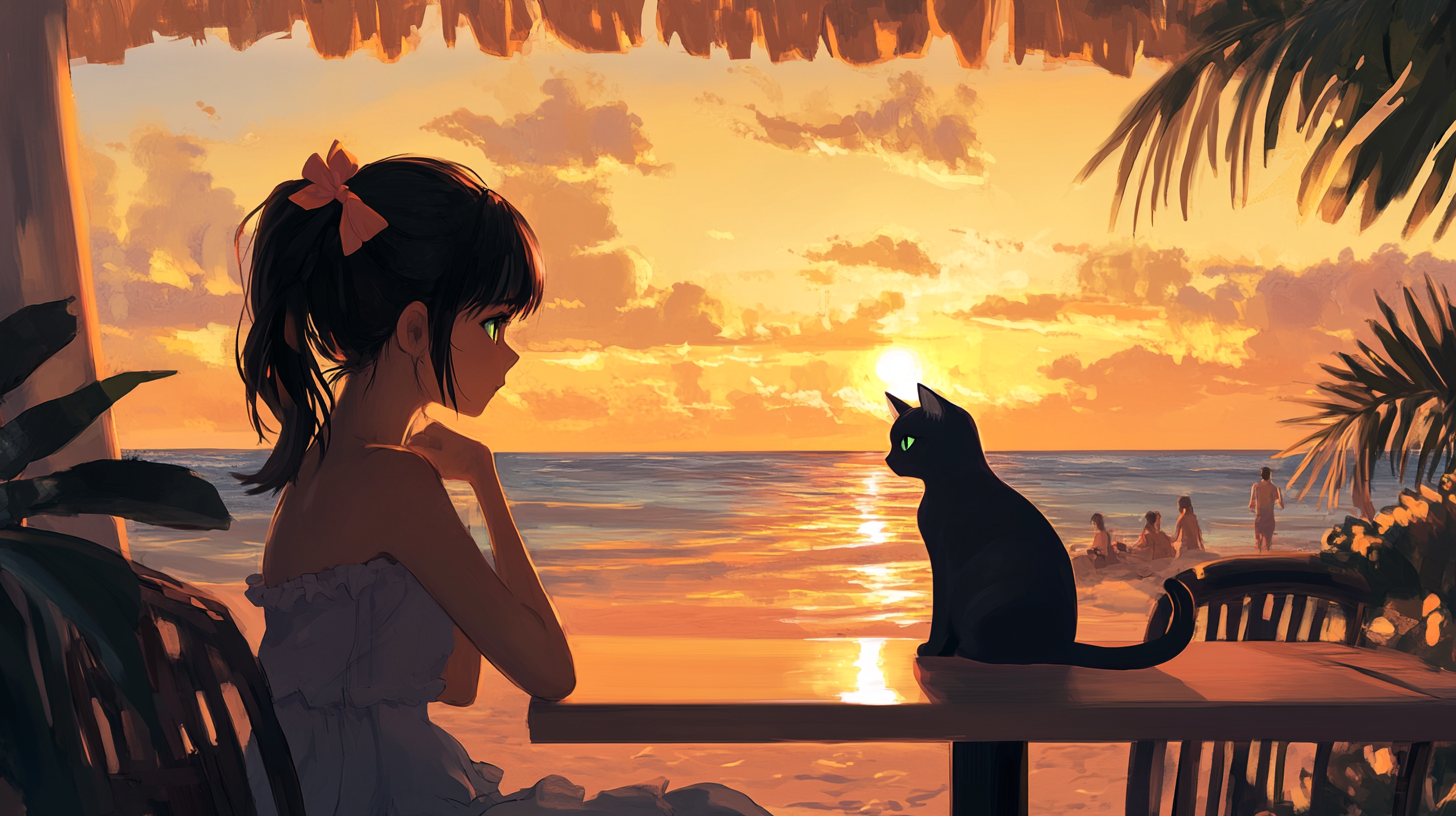 Mia and Alto at beachside café during peaceful sunset.