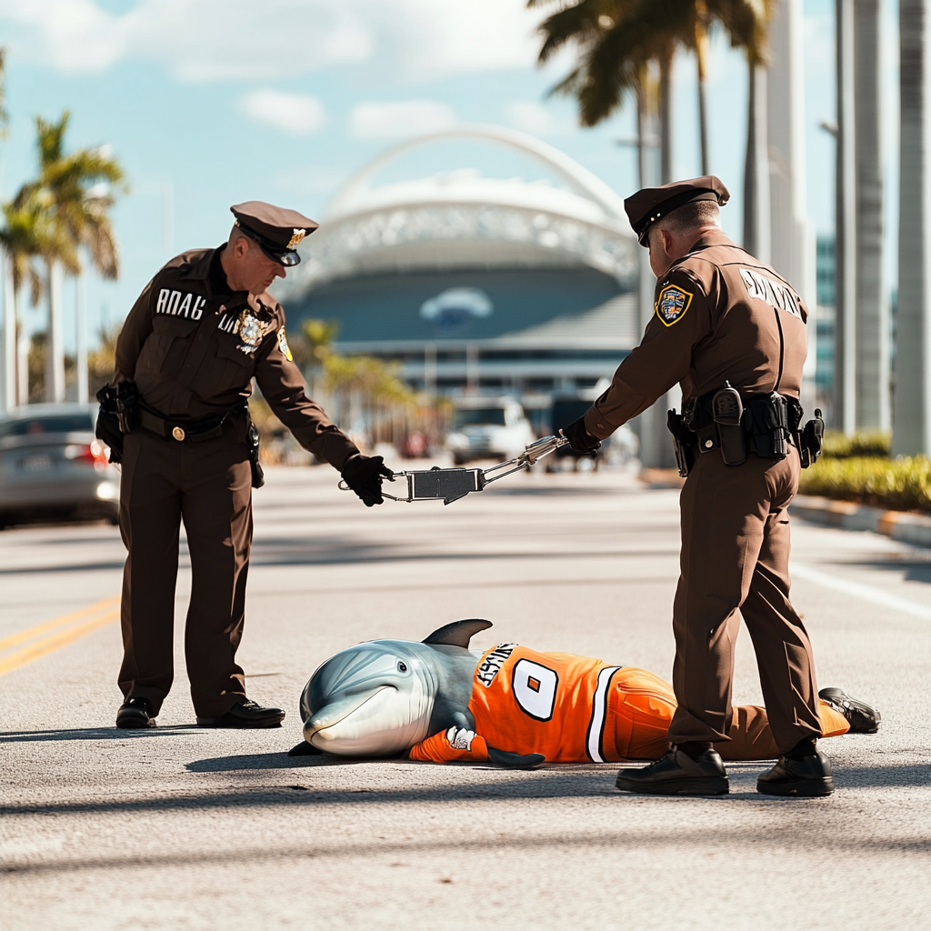 Miami Dolphin dolphin jersey face down handcuffed at stadium.