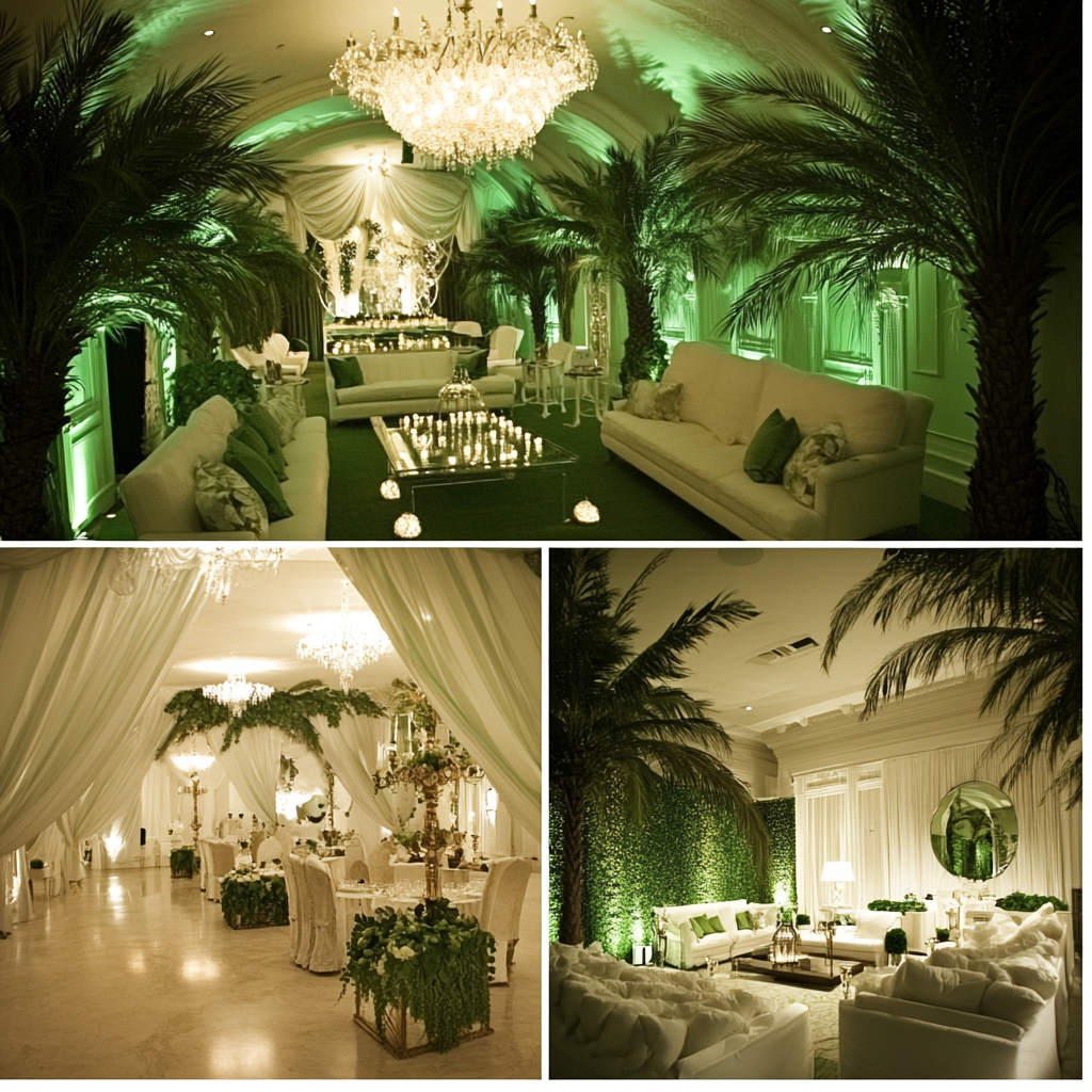 Miami Palm Royale Party Mood Board: Elegant, Green, Old Money, Designer Look, Celebrity Status.