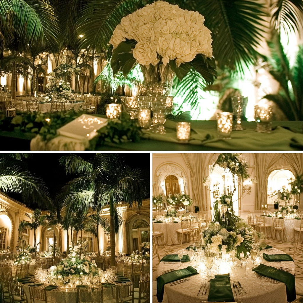 Miami Palm Royale party mood board with elegant decor. Celebrity style.