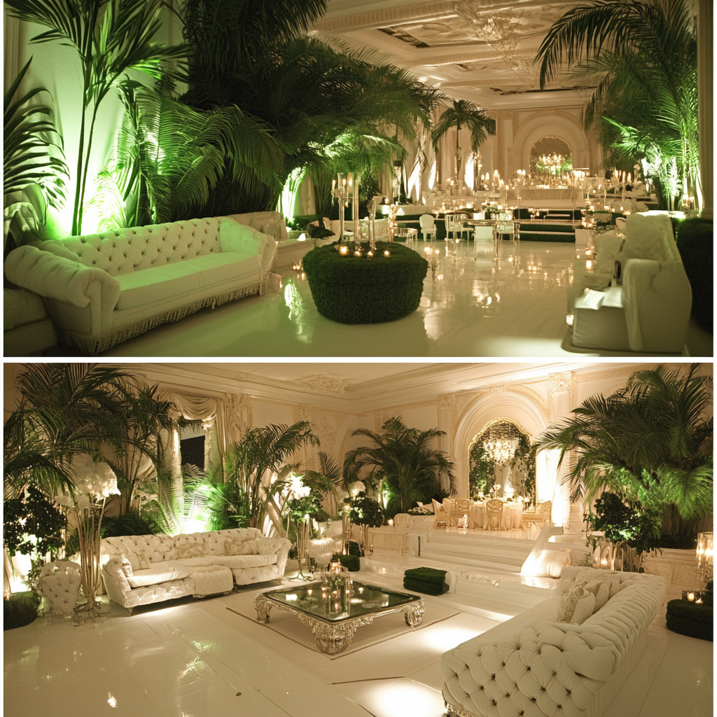 Miami Palm Royale themed party mood board: Classy, old money, elegant, designer look. Celebrity status.