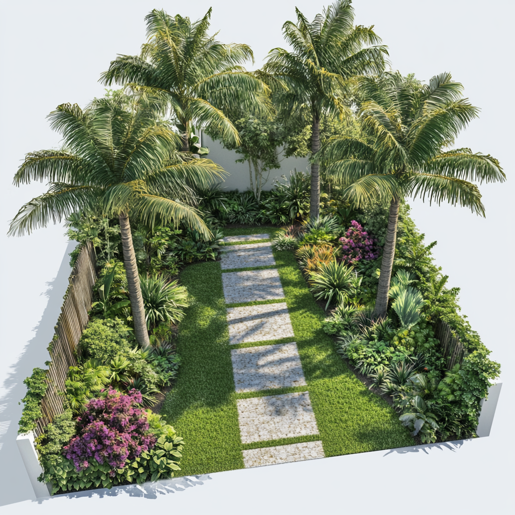 Miami backyard landscape design with native plants & palm trees