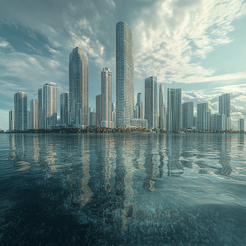 Miami skyline in future dystopia, 20 tall buildings remain.