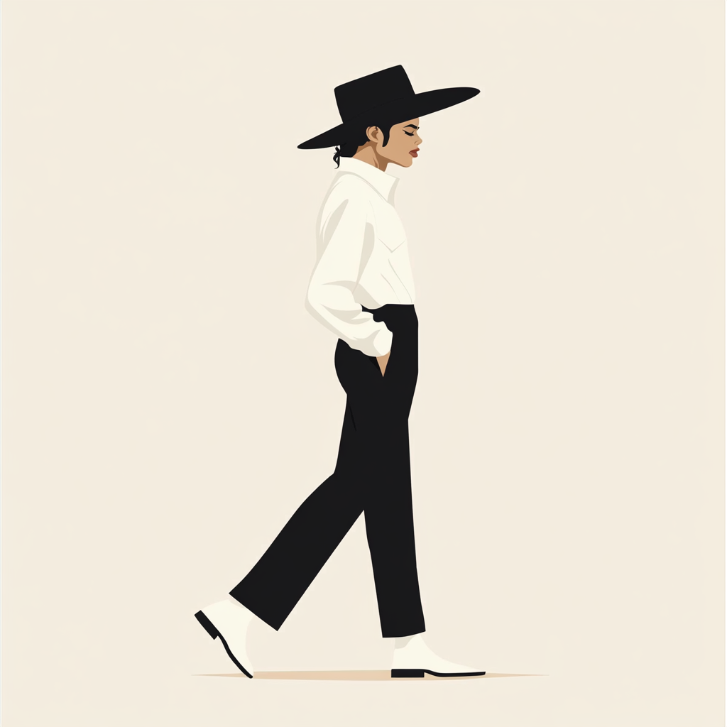 Michael Jackson dances with wide-brimmed hat and sharp style.