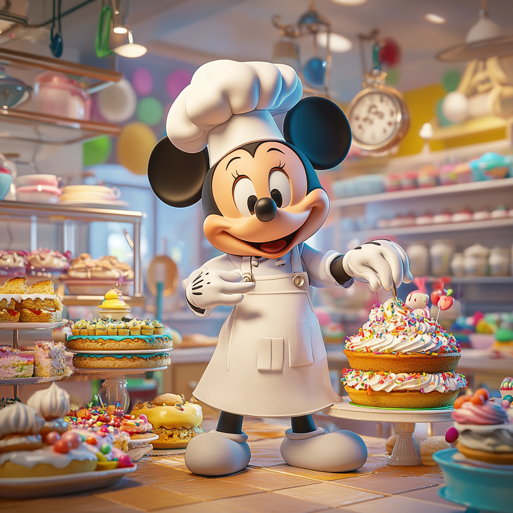 Mickey Mouse is baking in cheerful bakery.