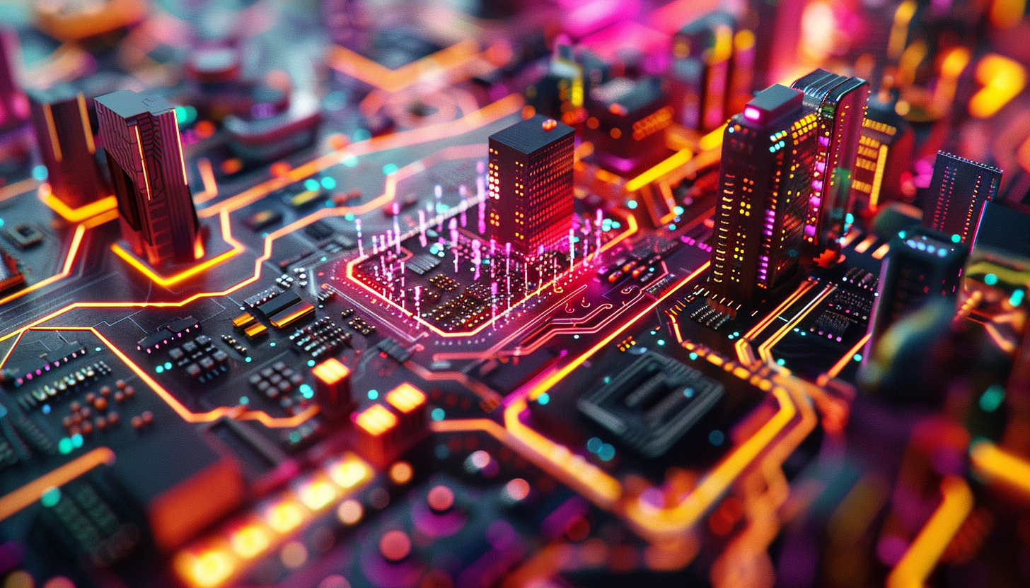 Micro computer data visualization on microchip, vibrant cityscape.