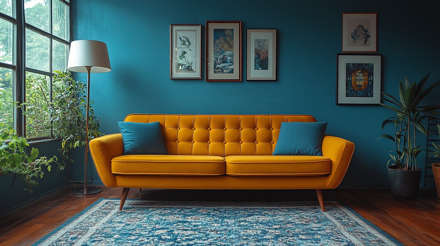 Mid-century blue tone living room with detailed architecture.