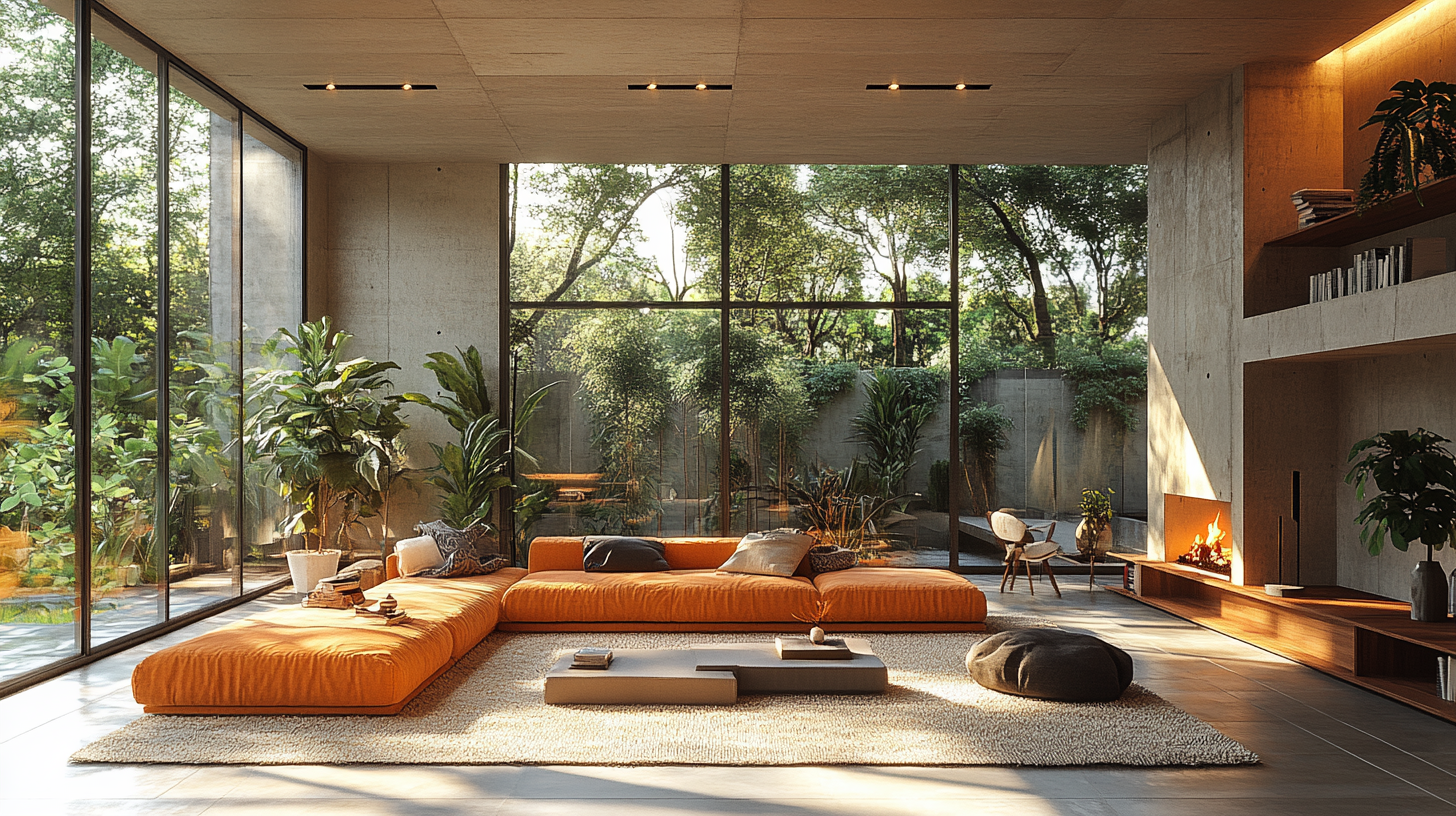 Mid-century green living room architectural photography in 16:9.