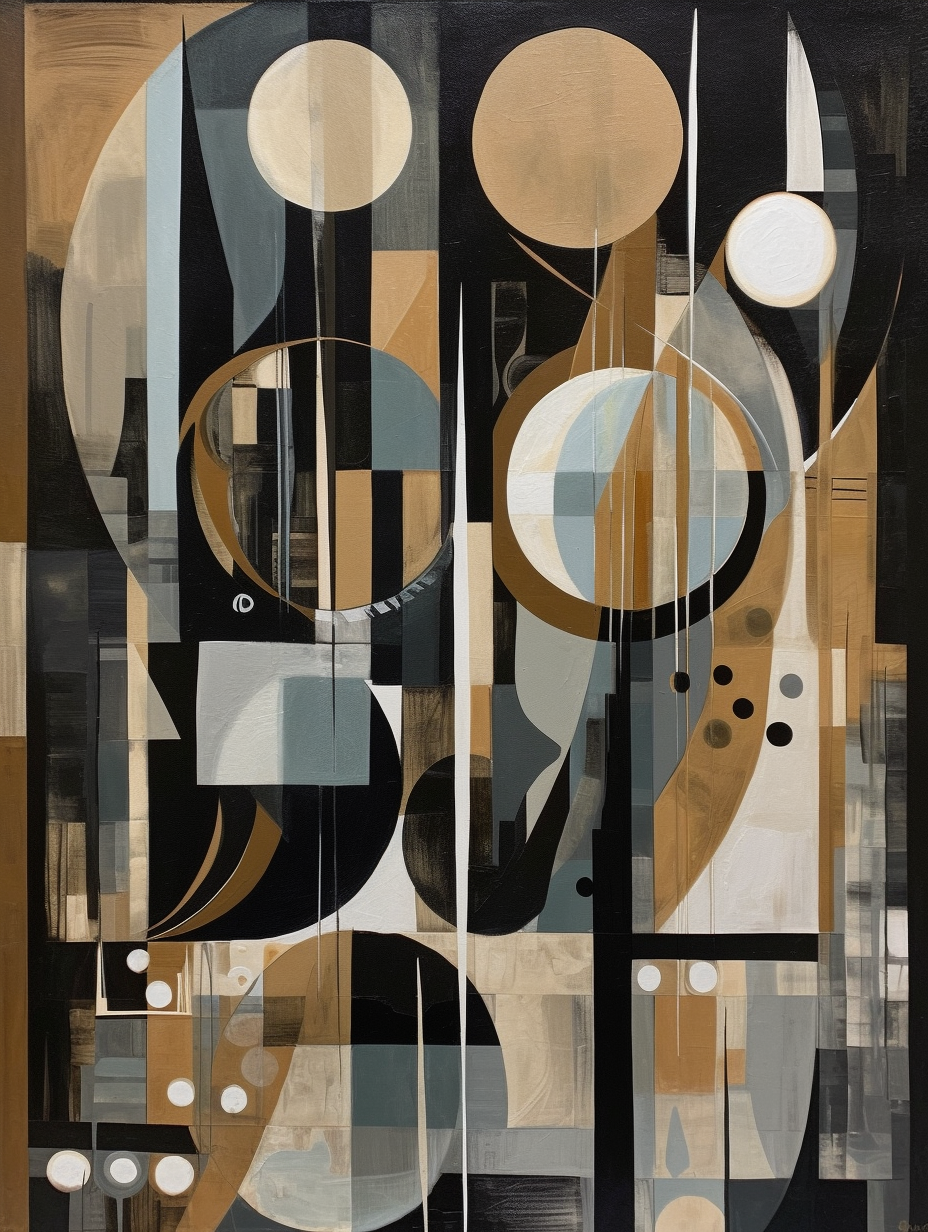 Mid-century modern art, large shapes, lines, black background.