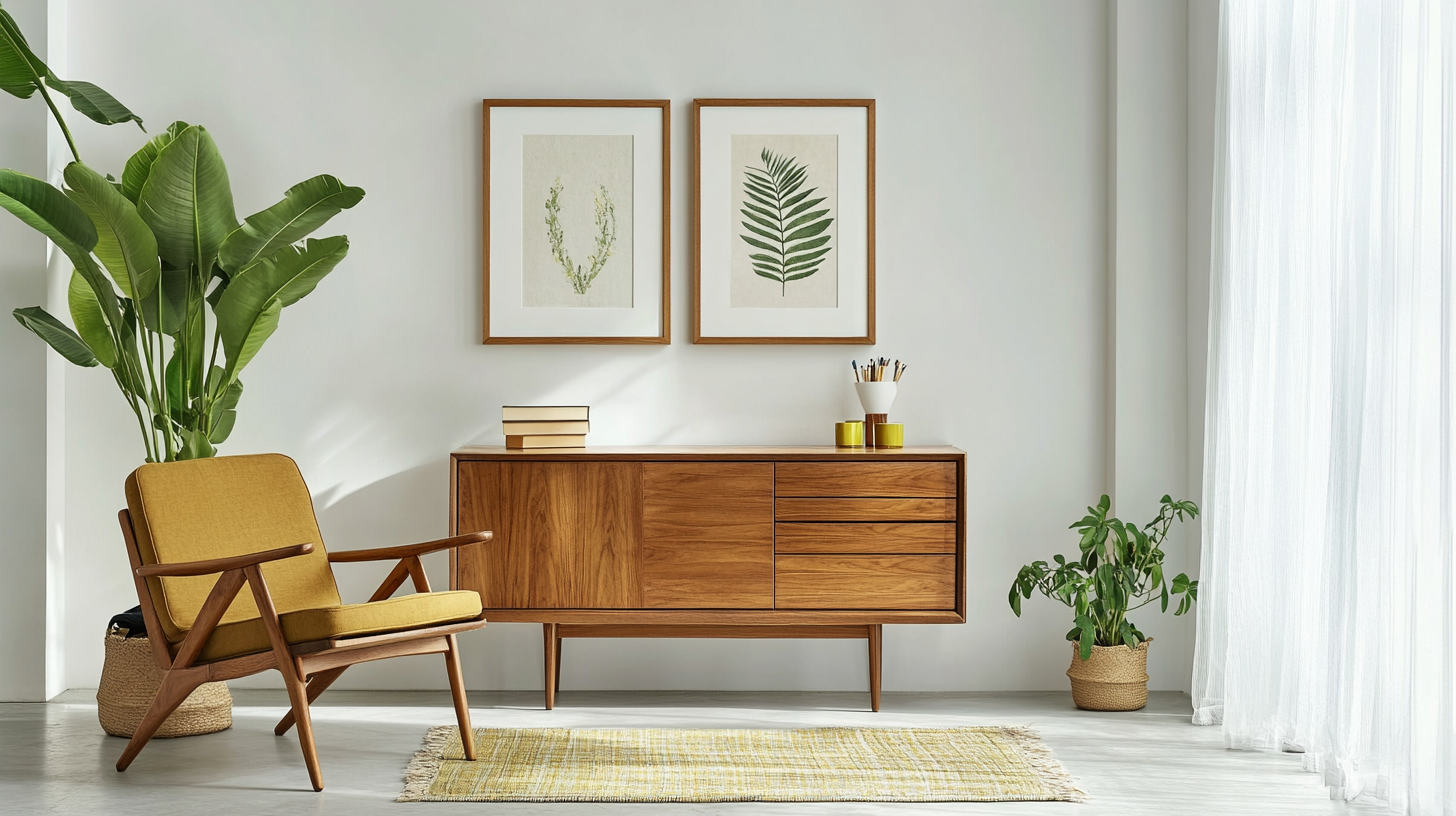 Mid-century modern interior with framed art, wood furniture, plant.