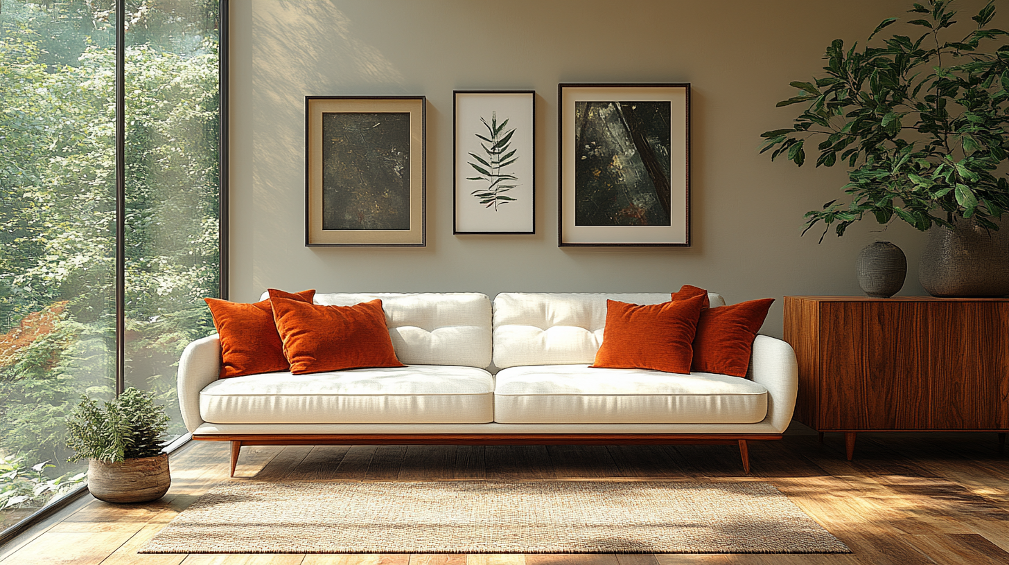 Mid-century modern living room with cozy warm tones.