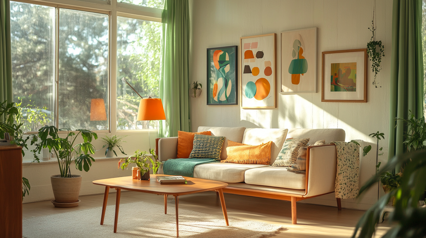 Mid-century modern living room with vibrant colors and plants.