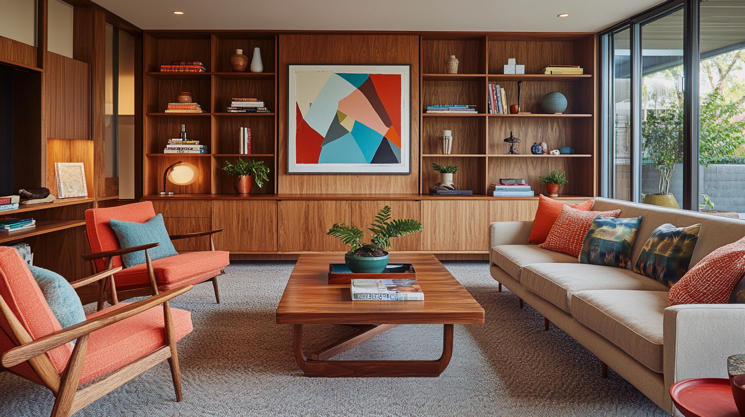 Mid-century modern living room with warm lighting.