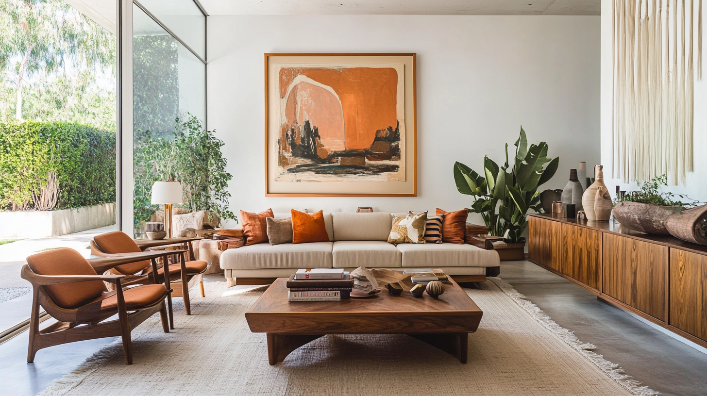 Mid-century modern living room with wood cabinets, orange accents