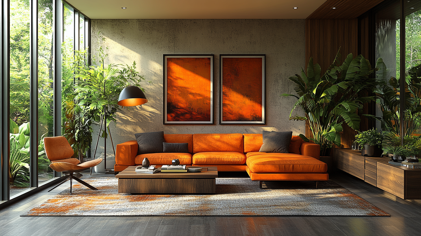 Mid-century modern living room: sleek furniture, natural wood.