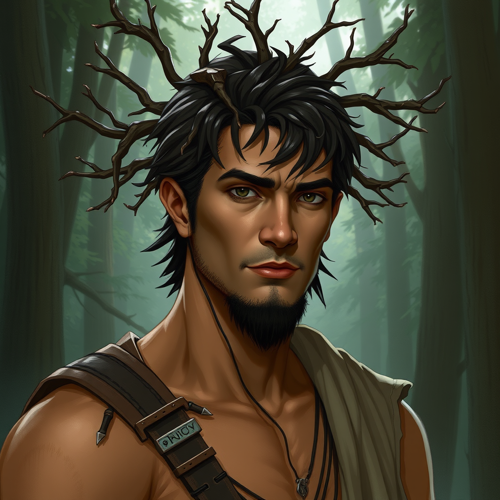 Middle-Aged Eladrin Man in Forest with Branch Hairstyle