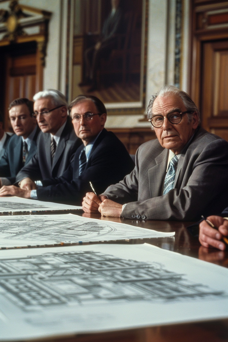 Middle-Aged Group Drawing a Bank Building Together