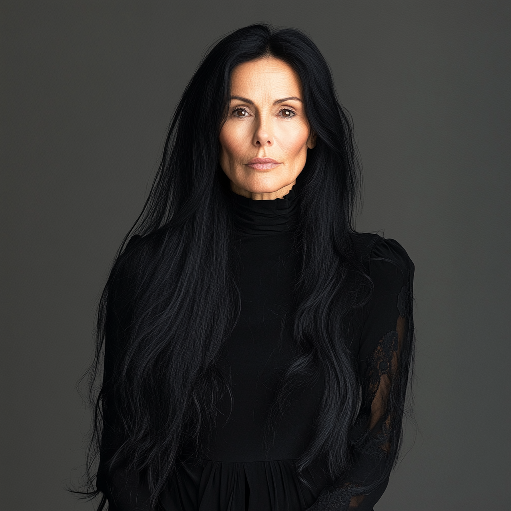 Middle Aged Woman with Black Hair, Front View - Realistic Fashion Photography for Magazine