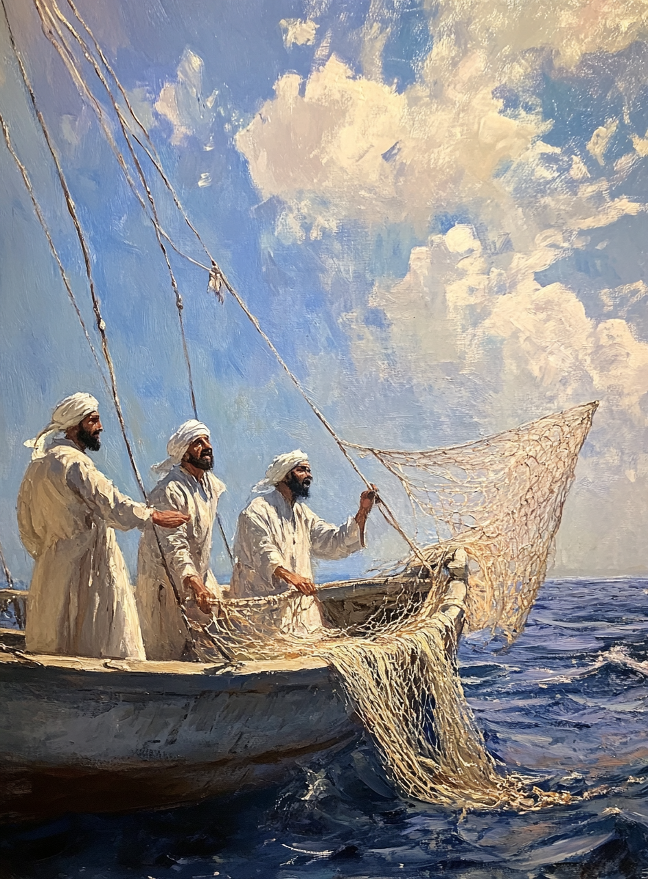 Middle Eastern Fishermen Pulling Nets: A Peaceful Scene