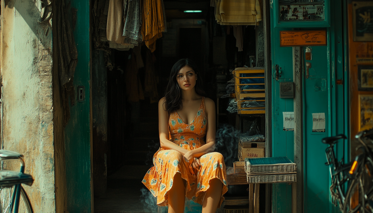 Middle Eastern clothing shop, woman smoking in sundress