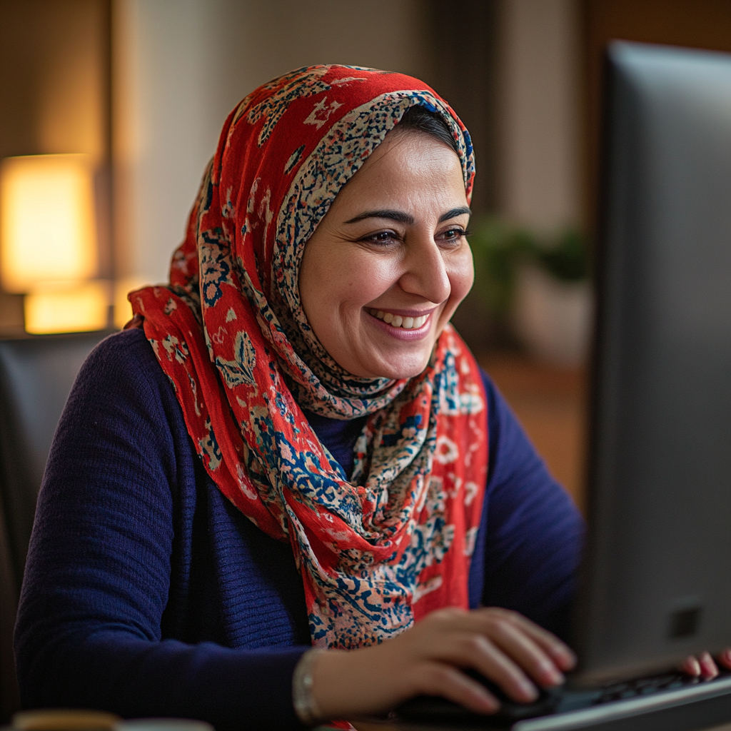 Middle Eastern woman smiling during virtual community meeting.