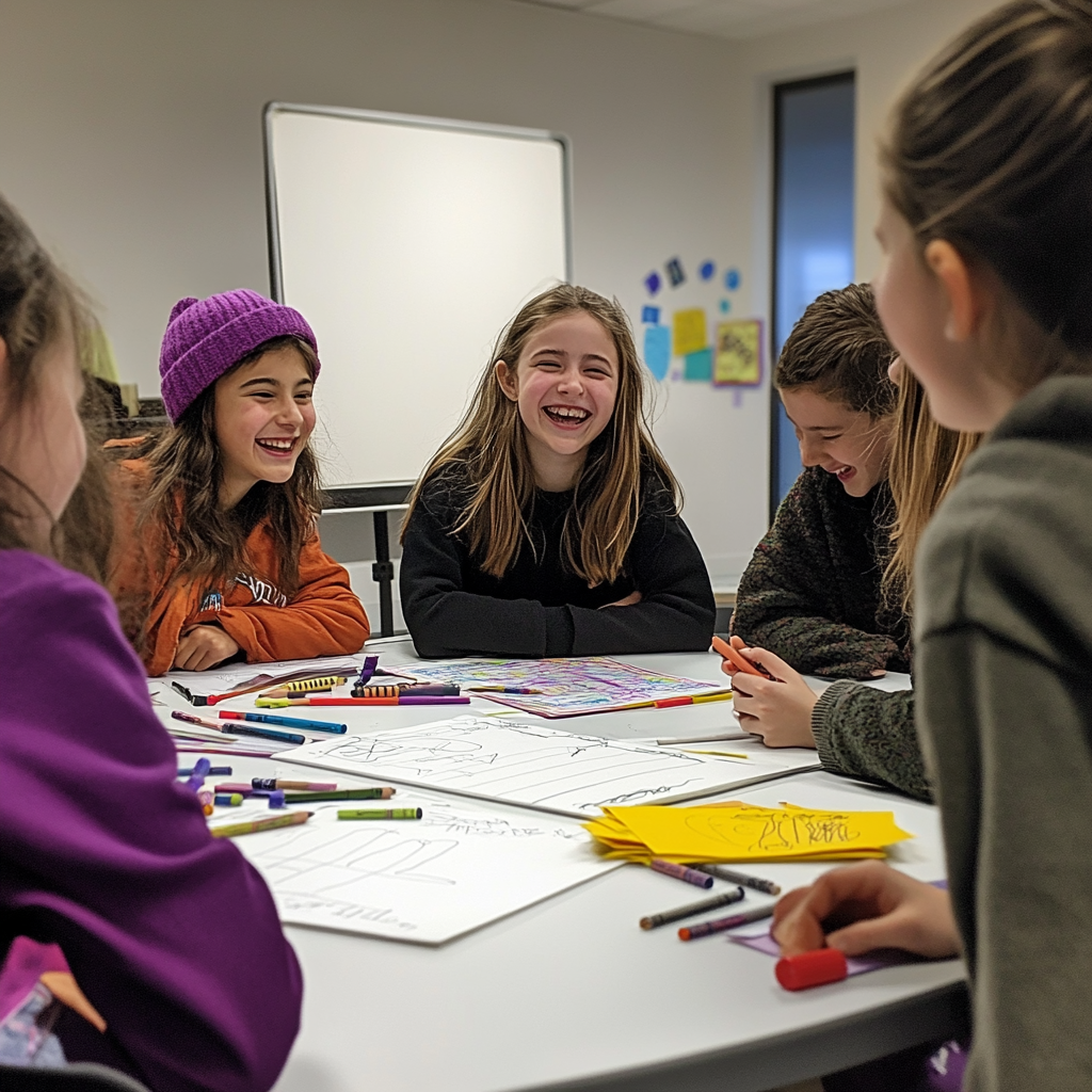 Middle School Kids Color and Laugh with Teacher