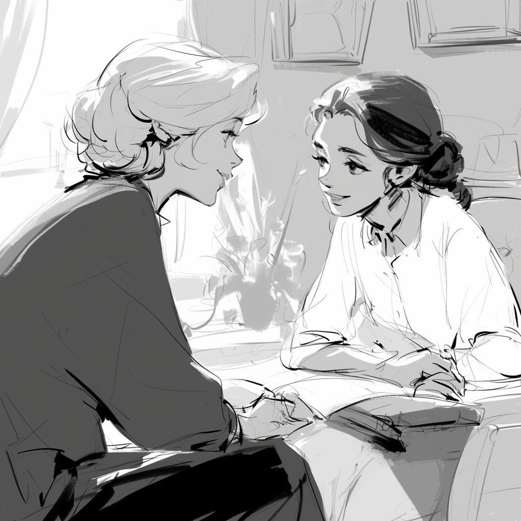 Middle age lady talking to young lady, sketch drawing.