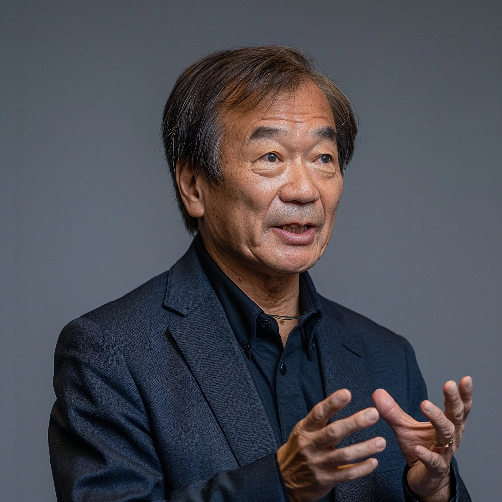 Middle-aged Asian man in suit giving lecture.