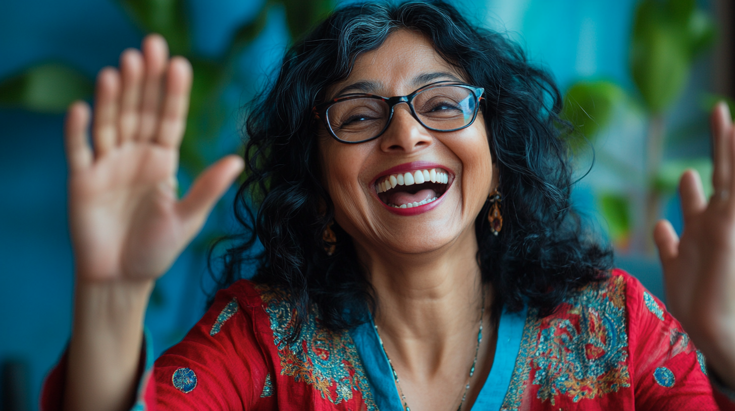 Middle aged Indian woman celebrates small win with smile.