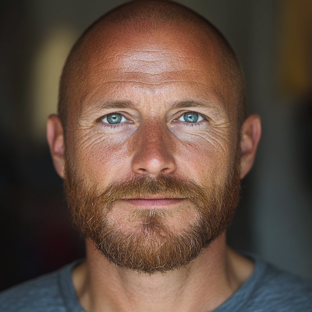 Middle-aged Italian man with greenish-blue eyes.