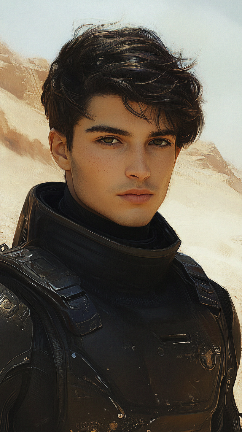 Middle-aged Persian man in futuristic desert outfit.