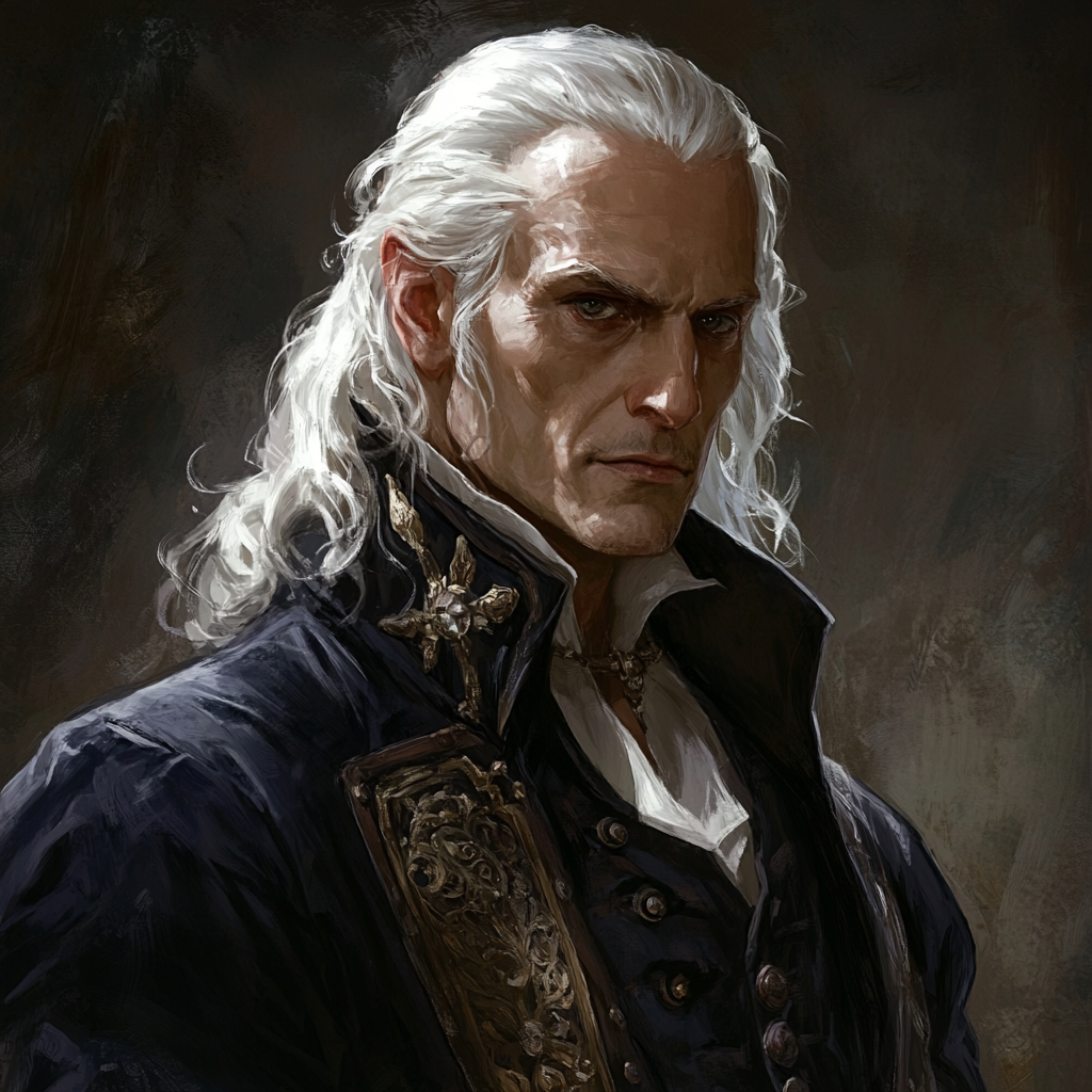 Middle-aged aasimar male with frizzy white hair confidently preparing to make a deal.